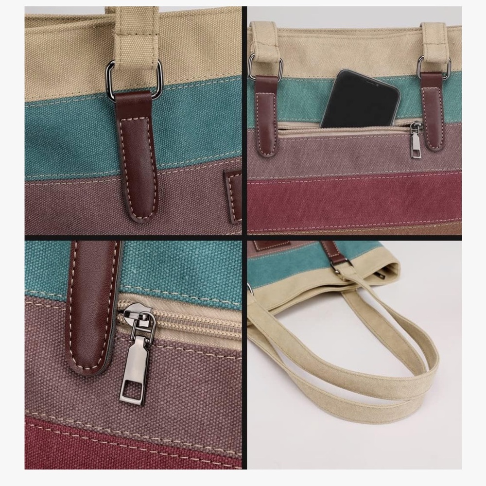 🆕 Canvas Handbag Multi-Color Striped Lattice Cross Body Shoulder Purse Bag Tote - Picture 6 of 7